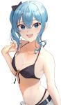  1girl :d bare_arms belt bikini bikini_under_clothes black_belt black_bikini black_bow blue_eyes blue_hair bow breasts cleavage collarbone front-tie_bikini_top front-tie_top hair_between_eyes hair_bow halterneck highres hololive hoshimachi_suisei looking_at_viewer medium_breasts navel no_shirt open_mouth sasai_tuki shorts side_ponytail simple_background smile solo strap_gap string_bikini swimsuit upper_body virtual_youtuber white_background 