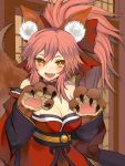  1girl :d animal_collar animal_ear_fluff animal_ears animal_hands bare_shoulders blush bow breasts cleavage collar detached_sleeves english_commentary eveisntthatbad fangs fate/grand_order fate_(series) fox_ears fox_girl fox_tail gloves hair_bow hands_up highres japanese_clothes kimono large_breasts looking_at_viewer open_mouth paw_gloves paw_pose pink_hair red_bow red_collar red_kimono red_sleeves revision sleeveless sleeveless_kimono smile solo tail tamamo_(fate) tamamo_cat_(fate) tamamo_cat_(first_ascension)_(fate) upper_body yellow_eyes 