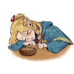  1girl artist_name blonde_hair blue_capelet blue_robe blush bowl braid capelet closed_eyes drooling dungeon_meshi edomon-do elf highres holding holding_spoon hood hooded_capelet long_hair marcille_donato open_mouth pointy_ears robe simple_background sleeping solo spoon watermark white_background 