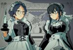  2girls :o alternate_costume apron arm_at_side arms_at_sides bespectacled black_dress blue_hair bouquet breasts candlestand center_frills closed_mouth cowboy_shot dress enmaided eye_contact frills glasses grey_background hair_bun hayami_kanade highres holding_candle_stand idolmaster idolmaster_cinderella_girls indoors inichigaichi juliet_sleeves large_breasts long_hair long_sleeves looking_at_another looking_to_the_side maid maid_apron mirror monochrome_background multiple_girls plant potted_plant puffy_sleeves reflection sagisawa_fumika short_hair short_hair_with_long_locks sidelocks single_flame single_hair_bun sleeve_cuffs smile standing underbust vase white_eyes yellow_eyes 