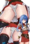  1girl armor ass asurada_yui black_thighhighs blue_eyes blue_hair blush boots breasts caeda_(fire_emblem) close-up closed_mouth commission elbow_gloves fire_emblem fire_emblem:_mystery_of_the_emblem fire_emblem:_shadow_dragon_and_the_blade_of_light from_below gloves groin highres long_hair looking_at_viewer multiple_views panties pegasus_knight_uniform_(fire_emblem) red_thighhighs signature smile solo thigh_boots thighhighs underwear upskirt white_gloves white_panties 