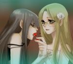  2girls aged_down alucard_(hellsing) bare_shoulders black_eyes black_hair blonde_hair blunt_bangs cherry feeding flower food fruit girlycard glasses hair_behind_ear hair_flower hair_ornament hellsing integra_hellsing long_hair multiple_girls rose round_eyewear strap_slip strapless tongue tongue_out toshimichi_yukari tube_top white_flower white_rose yellow_eyes yuri 