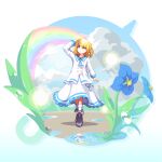  1girl after_rain ankle_socks arm_up ascot blonde_hair blue_eyes blue_flower blue_sky blue_trim blush_stickers braid cloud day flower frilled_skirt frills full_body highres lens_flare long_skirt long_sleeves medium_hair original outdoors pixel_art plant puddle rainbow ripples sailor_collar sailor_shirt shirt shoes skirt sky smile socks solo standing takemoto1224 umbrella water water_drop white_shirt white_skirt 