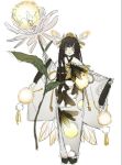  1girl antennae bity3155660241 black_footwear black_sash blunt_bangs brown_hair bug_print character_request commentary crown dandelion english_commentary fireflies flower full_body gold_headwear holding holding_flower insect_wings japanese_clothes kimono long_hair long_sleeves obi okobo onmyoji oversized_flower pom_pom_(clothes) ribbon sandals sash simple_background sleeves_past_wrists solo straight-on straight_hair white_background white_flower white_kimono white_sleeves wide_sleeves wings yellow_ribbon yellow_wings yukata 