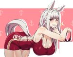  1girl alternate_costume anchor_print animal_ears bare_shoulders blush border breasts cero_rains cleavage commentary cowboy_shot finger_to_own_chin gold_ship_(umamusume) grey_hair grin hanging_breasts horse_ears horse_girl horse_tail large_breasts leaning long_hair looking_at_viewer one-piece_swimsuit purple_eyes red_one-piece_swimsuit smile solo sparkle swimsuit tail tail_through_clothes umamusume white_border 