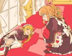  2girls alternate_costume apron arm_pillow black_dress blonde_hair blush braid curtains dress enmaided frilled_dress frilled_thighhighs frills frown furrowed_brow futaba_anzu hair_ornament hair_over_shoulder hair_ribbon highres hugging_own_legs idolmaster idolmaster_cinderella_girls indoors inichigaichi juliet_sleeves long_hair long_sleeves looking_at_another low_twin_braids lying maid maid_apron maid_headdress mansion mary_janes moroboshi_kirari multiple_girls neck_ribbon on_side open_mouth orange_hair pantyhose pink_ribbon ponytail profile puffy_short_sleeves puffy_sleeves red_carpet red_pantyhose ribbon scratching_ass shoes short_dress short_sleeves squatting star_(symbol) star_hair_ornament sweatdrop thighhighs twin_braids waist_apron wavy_hair white_thighhighs window window_shade 