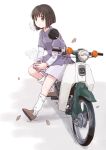  1girl blunt_ends blush bob_cut breasts breath brown_eyes brown_footwear brown_hair closed_mouth coffee coffee_mug commentary cup drink falling_leaves full_body highres holding holding_cup holding_drink honda honda_super_cub inverted_bob koguma_(super_cub) layered_sleeves leaf leaning_forward loafers long_sleeves looking_afar looking_ahead loose_socks maruyo motor_vehicle motorcycle mug on_vehicle purple_sweater pursed_lips shoes short_hair short_sleeves sitting skirt small_breasts socks solo steam super_cub sweater white_background white_skirt white_socks white_undershirt 