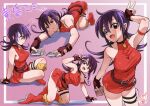  belt boots breasts card choker deck_of_cards dress duel_masters fingerless_gloves gloves large_breasts playing_card purple_hair red_dress red_footwear short_dress smile tasogare_mimi thick_thighs thigh_pouch thighs v wide_hips 