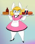  abstract_background absurd_res angela_goldhart anthro apron bendy_straw beverage blonde_hair blue_eyes buckteeth burger clothing crovirus curled_hair dress eyelashes female food fries fur hair hi_res high_heels lagomorph legwear leporid long_ears mammal orange_juice pancake rabbit serving_tray smile solo straw teeth thigh_highs waiter white_body white_fur wide_hips 