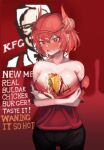  1girl absurdres alternate_costume arknights bare_shoulders between_breasts black_pants blush breasts bright_pupils cheese clenched_teeth collarbone colonel_sanders commentary_request cowboy_shot fiammetta_(arknights) food gomsang-oh hair_between_eyes highres kfc large_breasts looking_at_viewer mayonnaise off_shoulder pants pointy_hair red_background red_eyes red_hair red_headwear red_shirt shirt short_hair short_sleeves solo standing teeth v-shaped_eyebrows white_pupils 