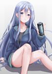  1girl 25-ji_nightcord_de._(project_sekai) absurdres bare_legs black_shirt blue_eyes blue_hair blue_jacket can collarbone energy_drink feet_out_of_frame gradient_background grey_background grey_hair hair_between_eyes highres holding holding_can jacket knee_up long_hair long_sleeves looking_at_viewer monster_energy parted_lips partially_unzipped project_sekai shirt short_shorts shorts sitting solo very_long_hair white_background yoisaki_kanade yuzu_ponzu_(vgah7445) zipper 