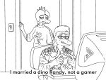 2024 5_fingers aloha_shirt anthro black_and_white cavemanon_studios clothing computer computer_mouse controller dialogue dilophosaurid dilophosaurus dinosaur duo electronics english_text eyelashes eyewear female fingers frill_(anatomy) game_controller gaming glasses hair hi_res husband husband_and_wife i_wani_hug_that_gator inside jacket_ignites king_of_the_hill male married_couple monochrome pattern_clothing pattern_shirt pattern_topwear playing_videogame randy_payne reptile scalie sharp_teeth shirt short_hair sitting sketch snout sophia_payne spinosaurid spinosaurus sweater teeth text theropod topwear wife