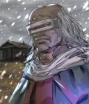  1boy camael closed_mouth highres house long_hair looking_at_viewer old old_man outdoors robe snowing solo star_ocean star_ocean_the_second_story third_eye white_hair wrinkled_skin yasuda_akira 