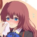  1girl a-chan_senpai blue_bow blue_eyes blush bow brown_hair close-up closed_mouth commentary_request eyelashes flying_sweatdrops hair_between_eyes hetero holding_handkerchief light_brown_background lips little_busters! little_busters!_school_uniform long_hair miiizuno_lbs natsume_kyousuke nose_blush school_uniform shy simple_background solo_focus tears 