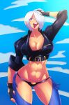  1girl 2099bigredfan abs angel_(kof) blue_eyes breasts chaps cleavage fingerless_gloves gloves hair_over_one_eye hand_on_own_face highres jacket midriff the_king_of_fighters the_king_of_fighters_xv tongue tongue_out white_hair 