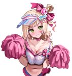  1girl blonde_hair blue_headwear blush breasts character_name cleavage clothes_writing crop_top green_eyes highres holding holding_pom_poms hololive kanzarin large_breasts long_hair momosuzu_nene momosuzu_nene_(cheerleader) navel official_alternate_costume pom_pom_(cheerleading) smile solo virtual_youtuber visor_cap white_background 