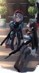  2girls 5kpgte 9a-91 9a-91_(girls_frontline) assault_rifle bangs belt beret beretta_cx4 black_hair black_panties blue_eyes boots bow breasts choker commentary_request cx4_storm_(girls_frontline) door earrings full_body girls_frontline gun hair_between_eyes hair_bow hair_ornament hat highres holding holding_gun holding_weapon jewelry knees_to_chest long_hair long_sleeves medium_breasts midriff multiple_girls open_mouth panties plant potted_plant puffy_sleeves red_bow red_eyes red_scarf rifle scarf silver_hair sitting smile stairs star_(symbol) star_hair_ornament thighhighs underwear weapon 