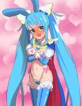  1girl absurdres animal_ears blue_eyes blue_hair blue_panties blue_thighhighs blush breasts cape commission covering_breasts covering_privates cure_sky detached_sleeves embarrassed fake_animal_ears frilled_thighhighs frills gloves highleg highleg_panties highres hirogaru_sky!_precure long_hair looking_at_viewer meme_attire navel ogi_non open_mouth panties precure puffy_detached_sleeves puffy_sleeves rabbit_ears red_cape reverse_bunnysuit reverse_outfit skeb_commission small_breasts solo sora_harewataru sweat thighhighs twintails two-sided_cape two-sided_fabric underwear very_long_hair 