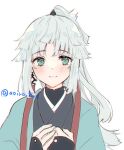  1girl aoiro_hiro aqua_eyes earrings fate/samurai_remnant fate_(series) grey_kimono haori japanese_clothes jewelry kimono long_hair looking_at_viewer own_hands_together ponytail simple_background smile solo twitter_username upper_body white_background white_hair yui_shousetsu_(fate) 