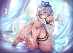  1girl absurdres ahoge amane_kanata angel angel_wings armpit_crease ass barefoot black_panties blue_hair blush colored_inner_hair crossed_bangs feathered_wings feet fishnet_thighhighs fishnets flat_chest gradient_wings grey_hair hair_between_eyes hair_intakes halo highres hololive jagoo legs mini_wings multicolored_hair multicolored_wings no_shoes panties partially_visible_vulva purple_eyes see-through shirt single_bare_shoulder single_thighhigh sitting soles solo star_halo thigh_strap thighhighs thighs toe_scrunch toenails toes underwear virtual_youtuber white_shirt wings 