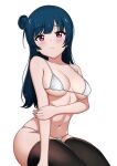  1girl absurdres bikini black_thighhighs blue_hair blush breasts dark_blue_hair english_commentary hair_bun highres holding_own_arm large_breasts long_hair love_live! love_live!_sunshine!! mnkr98 navel pink_eyes single_hair_bun sitting solo swimsuit thighhighs thighs tsushima_yoshiko white_background white_bikini 