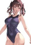  1girl akahara_tyun black_one-piece_swimsuit breasts brown_eyes brown_hair competition_swimsuit covered_navel cowboy_shot hair_ribbon large_breasts long_hair looking_at_viewer one-piece_swimsuit original ribbon simple_background solo swimsuit twintails white_background 