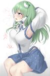  1girl absurdres armpits bare_legs blue_eyes blue_skirt breasts collared_shirt detached_sleeves empty_eyes exercise frog_hair_ornament from_side green_hair hair_ornament hair_tubes hands_on_own_head heavy_breathing highres kochiya_sanae large_breasts long_hair motion_blur nontraditional_miko open_mouth shirt single_sidelock skirt sleeveless sleeveless_shirt snake_hair_ornament squatting sweat touhou white_background white_shirt wide_sleeves youmu-kun 