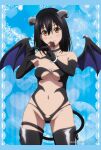  1girl 2019 black_choker black_gloves black_hair black_leotard black_thighhighs black_wings bracelet breasts brown_eyes candy chocolate choker cleavage collarbone copyright_name cowboy_shot demon_girl demon_tail elbow_gloves food food_in_mouth gloves hair_between_eyes heart heart-shaped_chocolate heart_hands heart_pendant highres himeragi_yukina horns jewelry leotard long_hair looking_at_viewer medium_breasts mouth_hold navel official_art revealing_clothes solo strike_the_blood tail thighhighs underboob wings 