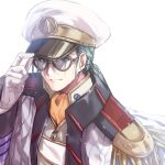  1boy blue_hair choujikuu_yousai_macross closed_mouth commentary_request glasses gloves highres kuroi_mimei long_hair looking_at_viewer macross macross_7 maximilian_jenius military_uniform ponytail simple_background smile solo sunglasses uniform white_background white_gloves 
