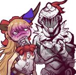  armor bow goblin_slayer goblin_slayer! highres horns ibuki_suika japanese_goblin_(meme) keebweebin meme nervous_sweating orange_hair pointing purple_ribbon red_bow ribbon strangling sweat touhou 