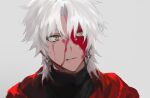  1boy amakusa_shirou_(fate) blood blood_on_face dark-skinned_male dark_skin earrings fate/apocrypha fate_(series) forzen highres jewelry looking_at_viewer male_focus parted_lips portrait simple_background solo white_background white_hair yellow_eyes 