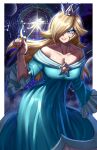  1girl absurdres aqua_dress bare_shoulders blonde_hair blue_eyes breasts brooch cleavage collarbone commentary crown dress grin hair_over_one_eye highres holding holding_wand jewelry long_hair looking_at_viewer mario_(series) off-shoulder_dress off_shoulder pink_lips rageman709 rosalina smile solo star_(symbol) star_wand very_long_hair wand 