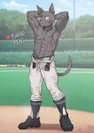 abs anthro armpit_hair biceps bodily_fluids body_hair canid canine canis clothed clothing domestic_dog hands_behind_head hi_res ken_(leeksaltboy) leeksaltboy male mammal muscular muscular_male musk solo strip_meme sweat tongue tongue_out topless