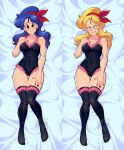  2girls absurdres ass_visible_through_thighs black_leotard black_nails blonde_hair blue_hair blush breasts clenched_teeth covered_navel dakimakura_(medium) dragon_ball dragon_ball_(classic) dual_persona fingernails frilled_leotard frills hairband highres knees_together_feet_apart leotard long_fingernails lunch_(bad)_(dragon_ball) lunch_(dragon_ball) lunch_(good)_(dragon_ball) lying multiple_girls on_back red_hairband scowl smile teeth thigh_gap thighhighs zeshgolden 