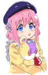  1girl :o amauri_miruki beret blue_eyes candy_apple eating flower food fugota6509 hair_ornament hanitan hanitan_(bear) hat heart heart_hair_ornament highres holding holding_food holding_stuffed_toy long_sleeves looking_at_viewer open_mouth pink_hair pretty_series purple_headwear rose shirt short_hair simple_background solo stuffed_animal stuffed_toy teddy_bear upper_body waccha_primagi! white_background yellow_flower yellow_rose yellow_shirt 