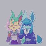 2023 anthro blue_sclera clothing duo duo_focus eeveelution electronics eyes_closed female generation_4_pokemon glaceon group half-length_portrait heart_symbol holding_object leafeon nintendo phone pokemon pokemon_(species) portrait scarf softlybakeed tail tuft