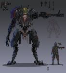  1other absurdres ambiguous_gender apex_legends arrow_(symbol) bloodhound_(apex_legends) gloves grey_background helmet highres joints mecha mecha_focus open_hand red_gloves robot robot_joints science_fiction size_comparison titan_(titanfall) titanfall_(series) wolfdawg_art 