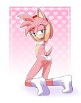  &lt;3 absurd_res accessory amy_rose anthro bichosan bra butt clothing cross-popping_vein eulipotyphlan female footwear fur green_eyes hair headband hedgehog hi_res kneeling looking_at_viewer looking_back mammal panties pattern_background pink_background pink_body pink_fur pink_hair raised_arms simple_background socks solo sonic_the_hedgehog_(series) underwear video_games 