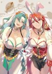  2girls :d animal_ears aqua_hair bare_shoulders breasts chloe_(fire_emblem) chloe_(spring)_(fire_emblem) choker cleavage commentary_request cordelia_(fire_emblem) cordelia_(spring)_(fire_emblem) detached_sleeves fake_animal_ears fire_emblem fire_emblem_awakening fire_emblem_engage fire_emblem_heroes gloves green_eyes grey_background hairband large_breasts long_hair looking_at_viewer multiple_girls official_alternate_costume open_mouth pantyhose pink_pantyhose puffy_short_sleeves puffy_sleeves purple_eyes rabbit_ears red_hair see-through see-through_sleeves short_sleeves smile very_long_hair white_gloves white_hairband white_pantyhose yusi_vishnu 