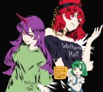  3girls aojirozame1228 bare_shoulders black_background black_shirt clothes_writing collar green_eyes green_hair green_shirt hecatia_lapislazuli highres horns kochiya_sanae looking_at_viewer multiple_girls nontraditional_miko purple_eyes purple_hair red_eyes red_hair sharp_teeth shirt smile teeth tenkajin_chiyari touhou upper_body 