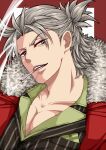  1boy aoshi_(angelfish720) cigarette coat fate/grand_order fate_(series) fur_trim grey_eyes grey_hair male_focus portrait red_coat signature smoke smoking striped_clothes takeda_shingen_(fate) 