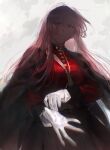  1girl adjusting_clothes adjusting_gloves black_skirt buttons coat coat_on_shoulders fate/grand_order fate_(series) florence_nightingale_(fate) forzen gloves grin hair_down jacket long_sleeves looking_at_viewer parted_lips pink_hair red_eyes red_jacket skirt smile solo upper_body white_background white_gloves 