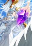  1girl absurdres blue_eyes blue_sky crystal date_a_live flower hair_flower hair_ornament highres open_mouth reaching sky takamiya_mio white_hair wings 