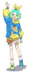  1girl :d arm_up asymmetrical_footwear blue_footwear blue_hair blue_hoodie bow fang fugota6509 full_body green_eyes green_hair hair_bow highres hood hood_down hoodie idol_time_pripara leg_warmers long_sleeves looking_at_viewer miniskirt mismatched_footwear multicolored_hair nijiiro_nino open_mouth outstretched_arm pleated_skirt pretty_series pripara puffy_long_sleeves puffy_sleeves shoes short_hair simple_background skin_fang skirt smile sneakers solo standing waving white_background yellow_bow yellow_footwear 