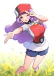  1girl absurdres alternate_costume breasts earrings flower gonzarez green_eyes hat highres jewelry long_hair miriam_(pokemon) multicolored_hair one_eye_closed pink_hair poke_ball_print pokemon pokemon_sv purple_hair red_headwear shorts smile solo streaked_hair 