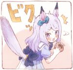 1girl ^^^ animal_ears bangs black_bow blue_ribbon blue_shirt blush bow commentary_request doughnut ear_ribbon food holding holding_food horse_ears horse_girl horse_tail long_hair looking_at_viewer looking_back mejiro_mcqueen_(umamusume) open_mouth parted_bangs pleated_skirt puffy_short_sleeves puffy_sleeves purple_eyes purple_hair ribbon sakino_shingetsu school_uniform shirt short_sleeves skirt solo surprised sweat tail tracen_school_uniform umamusume white_skirt 