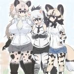  3girls aardwolf_(kemono_friends) aardwolf_ears aardwolf_girl aardwolf_print aardwolf_tail african_wild_dog_(kemono_friends) african_wild_dog_print animal_ears animal_print arm_at_side bangs bare_shoulders black_eyes black_hair blonde_hair bodystocking bow bowtie breast_pocket breasts brown_hair commentary_request curvy cutoffs day dog_ears dog_girl dog_tail extra_ears eyebrows_visible_through_hair feet_out_of_frame grey_hair hair_between_eyes hand_on_hip height_difference high_ponytail highres hyena_ears hyena_girl hyena_tail kemono_friends large_breasts long_hair long_sleeves looking_at_another medium_hair mo23 multicolored_hair multiple_girls necktie outdoors own_hands_together pantyhose pocket shirt short_over_long_sleeves short_shorts short_sleeves shorts side-by-side sidelocks sleeveless sleeveless_shirt smile spotted_hyena_(kemono_friends) standing tail thick_eyebrows thigh_gap very_long_hair white_hair white_shirt 