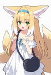  1girl :d absurdres animal_ear_fluff animal_ears arknights auto_ins bag bare_shoulders blonde_hair blue_hairband blue_ribbon blush commentary_request dress fang fox_ears fox_girl fox_tail green_eyes hair_between_eyes hairband hands_up highres kitsune long_hair looking_at_viewer neck_ribbon off-shoulder_dress off_shoulder ribbon shoulder_bag simple_background smile solo suzuran_(arknights) tail very_long_hair white_background white_dress 