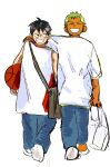  2boys arms_around_neck ball basketball_(object) black_eyes black_hair carrying carrying_under_arm closed_eyes full_body green_hair hand_on_another&#039;s_back highres looking_at_another male_focus monkey_d._luffy multiple_boys one_piece oversized_clothes oversized_shirt roronoa_zoro scar scar_on_cheek scar_on_face shirt short_hair side-by-side simple_background smile walking white_background yaoizhen 