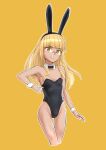  1girl animal_ears black_bow black_bowtie black_leotard blonde_hair bow bowtie breasts closed_mouth fake_animal_ears glasses highres leotard long_hair looking_at_viewer perrine_h._clostermann playboy_bunny rabbit_ears shiri_chin simple_background small_breasts smile solo strike_witches world_witches_series yellow_background yellow_eyes 